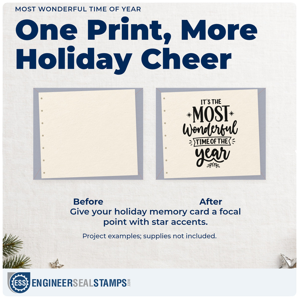 Before and after of a plain item finished with the Pre-Inked It's The Most Wonderful Time Of The Year With Stars Stamp – PSI, a quick upgrade for framed shop notice.