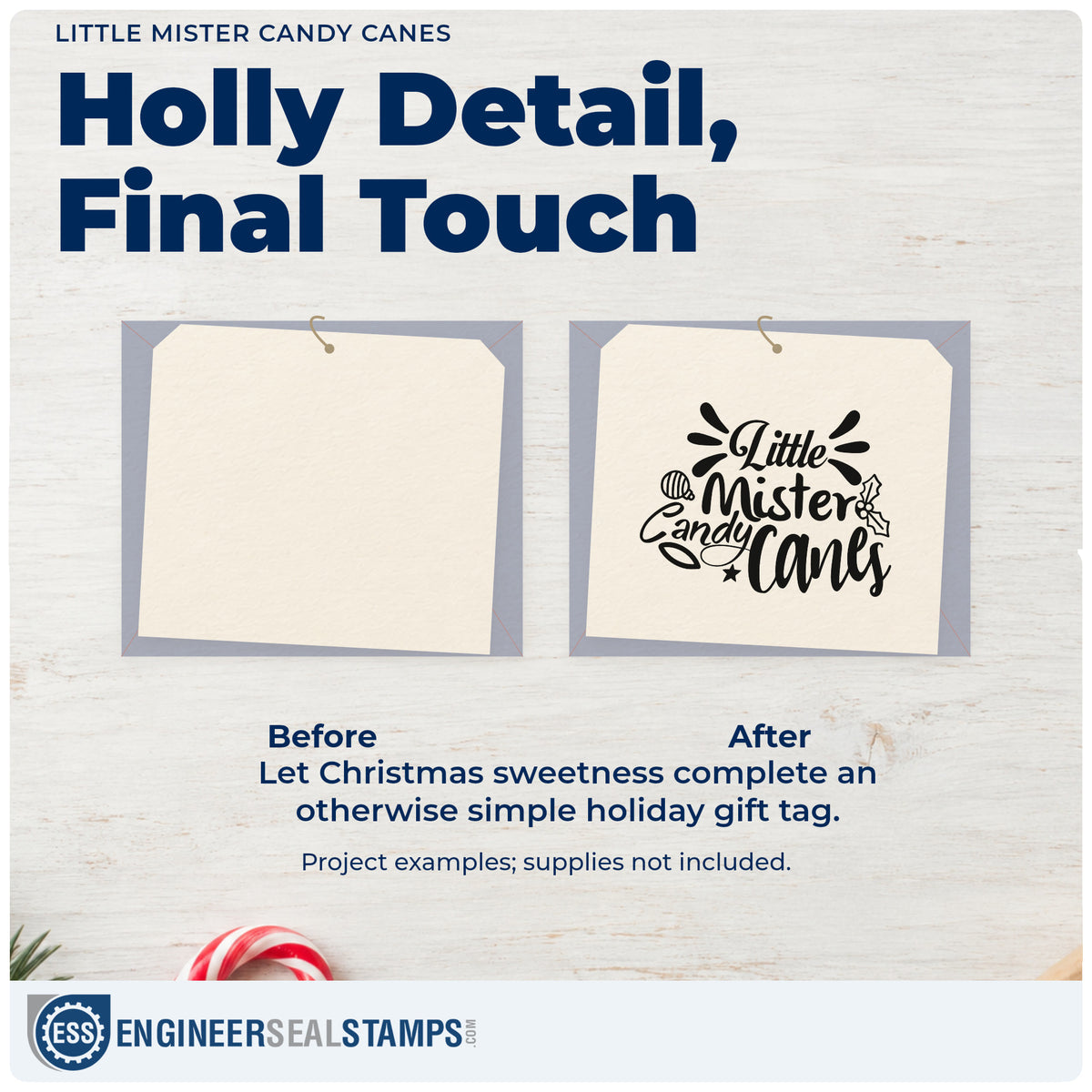 Before and after of a plain item finished with the Holly Ornament Little Mister Candy Canes Rubber Stamp – Duo Hand, a quick upgrade for framed nursery ledge.