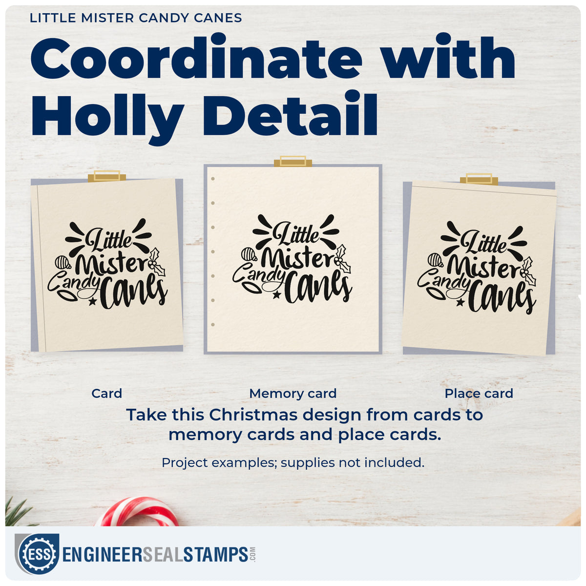 Three project examples made with the Holly Ornament Little Mister Candy Canes Stamp – Wood Handle, including monthly log sheet.
