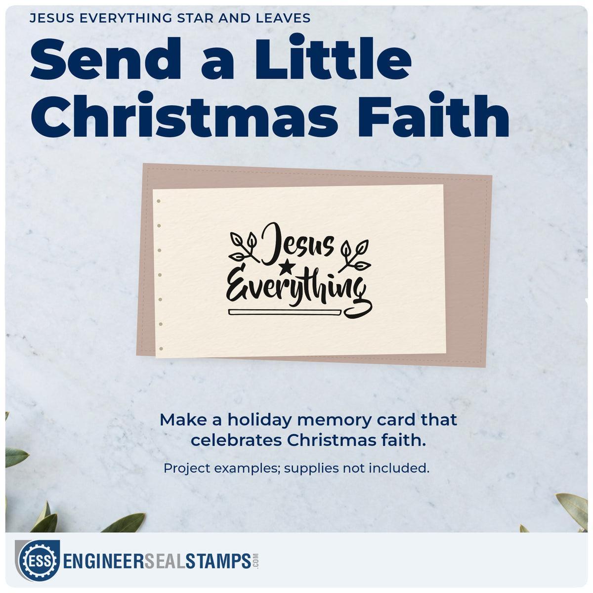 A finished handmade project stamped with the Star And Leafy Sprigs With Jesus Everything Rubber Stamp – Wood Handle, ideal for testimony album page.
