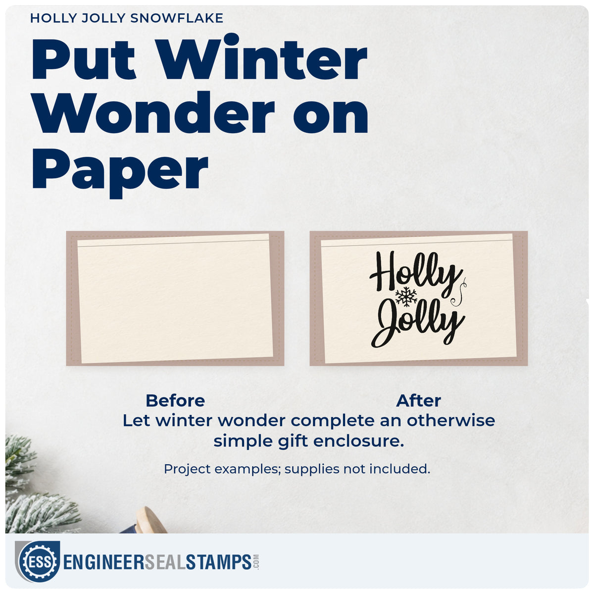 Before and after of a plain item finished with the Holly Jolly Snowflake Script Lettering Stamp – Premium Vintage Pro Wooden, a quick upgrade for framed diptych pair.