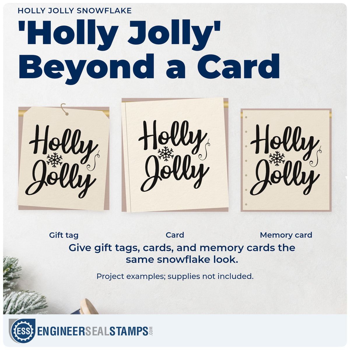 Three project examples made with the Holly Jolly Snowflake Script Lettering Rubber Stamp – Duo Hand, including list separator sheet.