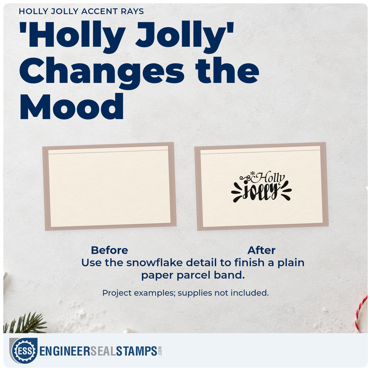 Before and after of a plain item finished with the Holly Jolly Accent Rays Wood-Mounted Rubber Stamp, a quick upgrade for framed accent wall.