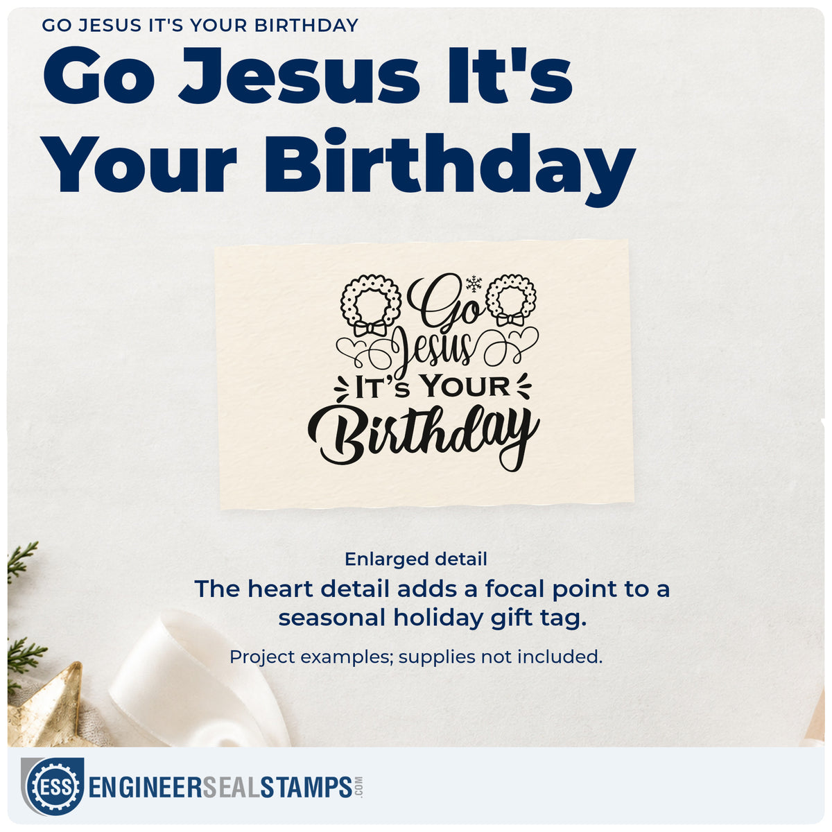 Enlarged detail of the Go Jesus It's Your Birthday With Hearts Pre-Inked Stamp – PSI imprint. “Go Jesus It's Your Birthday” appears with two small wreaths, hearts, and decorative accents.