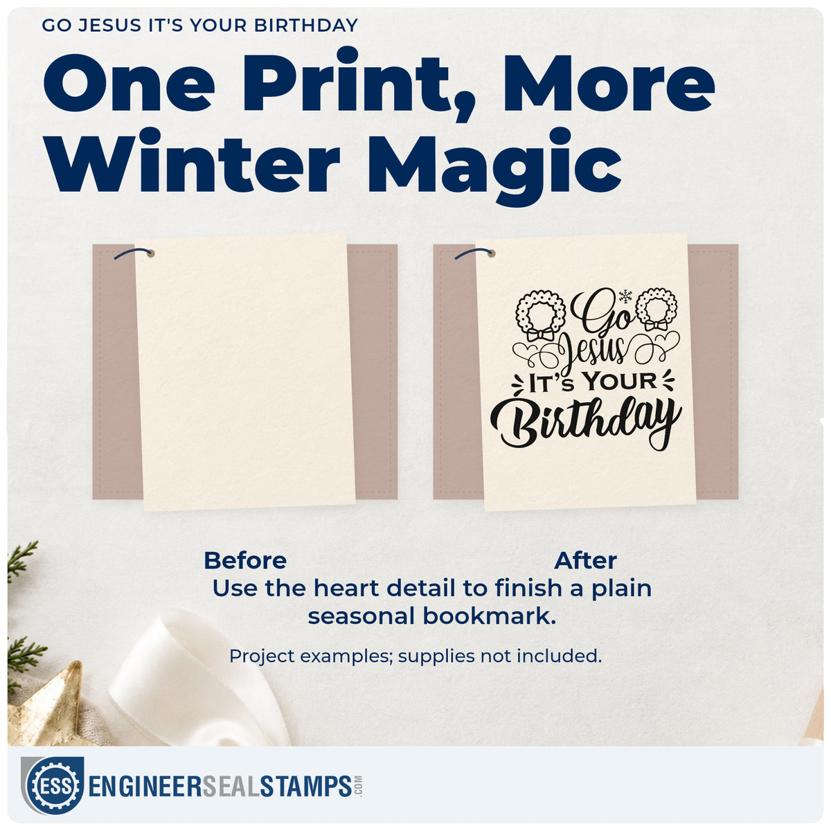 Before and after of a plain item finished with the Go Jesus It's Your Birthday With Hearts Rubber Stamp – Wood Handle, a quick upgrade for framed kids wing.