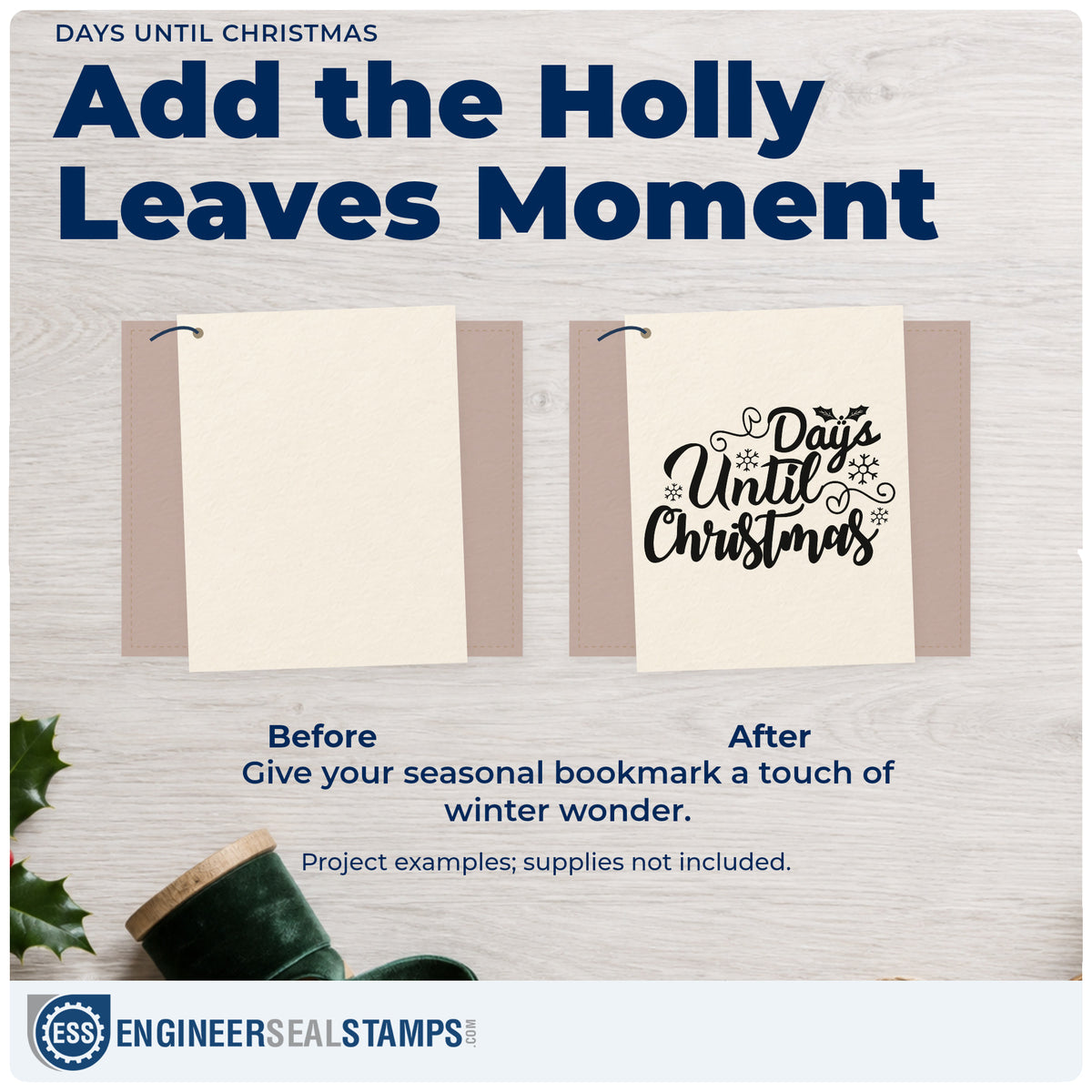 Before and after of a plain item finished with the Days Until Christmas Pre-Inked Stamp – Slim, a quick upgrade for framed chalk board.