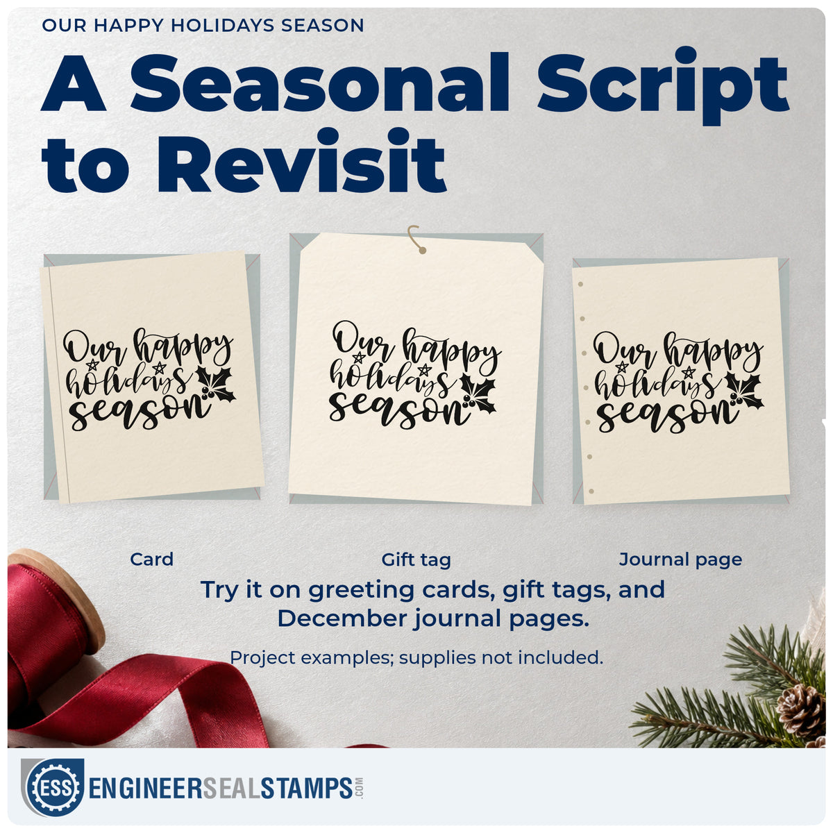 Three project examples made with the Our Happy Holidays Season Holly Slim Pre-Inked Stamp, including tradition list sheet.