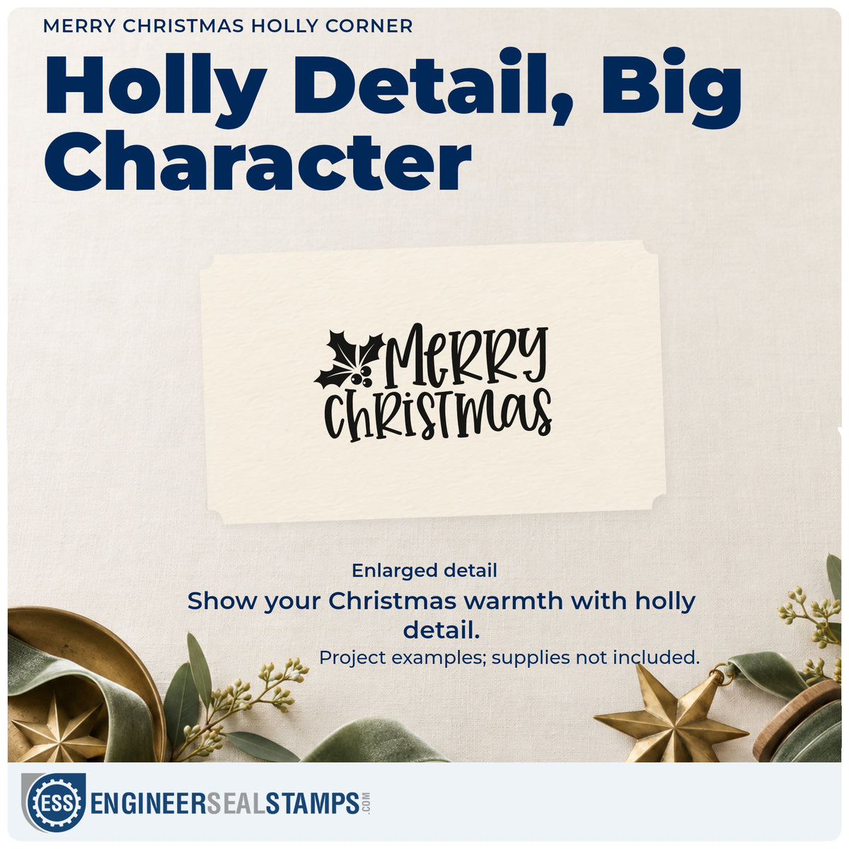 Enlarged detail of the Merry Christmas Holly Corner Stamp – Slim Pre-Inked imprint. “Merry Christmas” appears in decorative capitals with holly in the upper left.