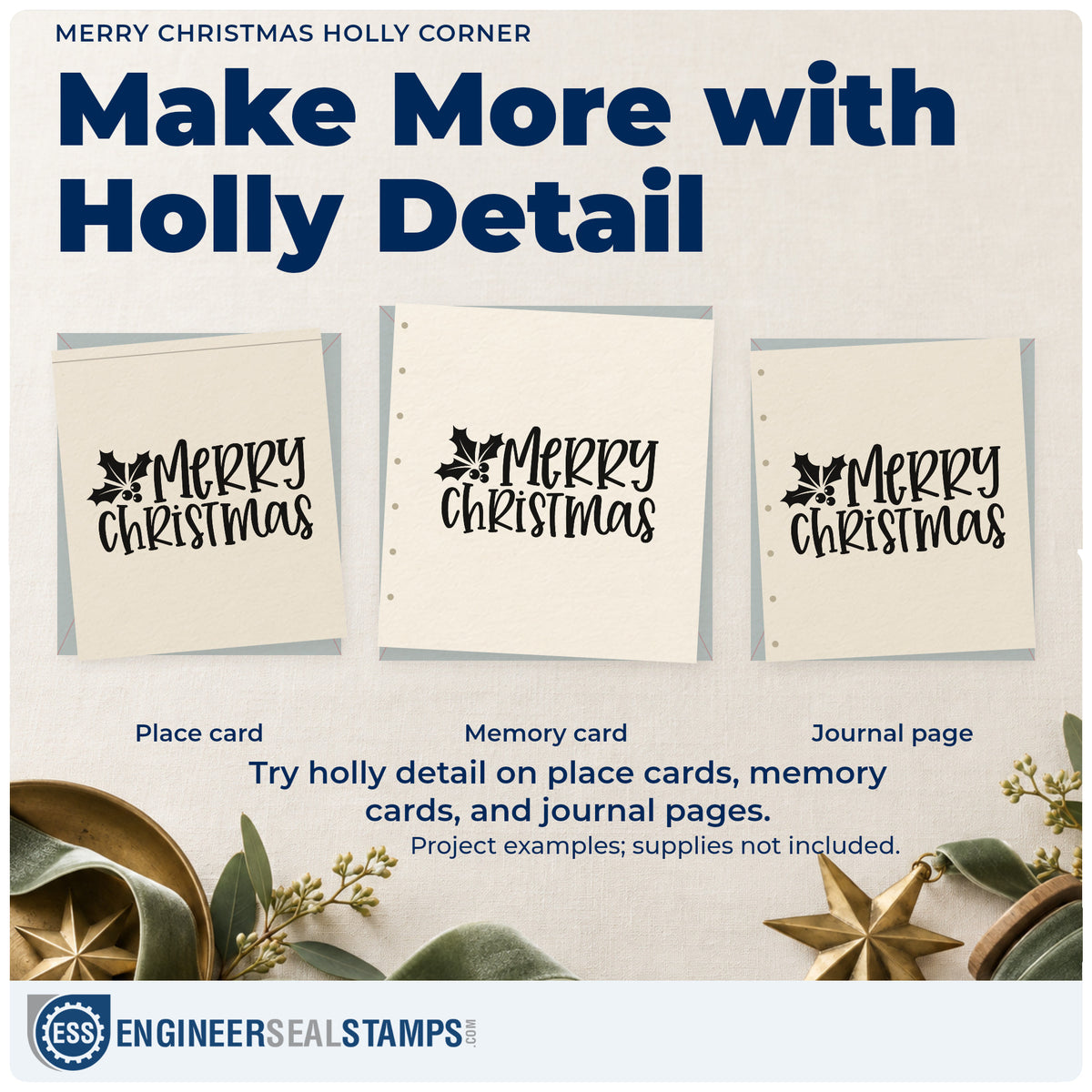 Three project examples made with the Merry Christmas Holly Corner Hand Stamp – Duo, including letter head sheet.