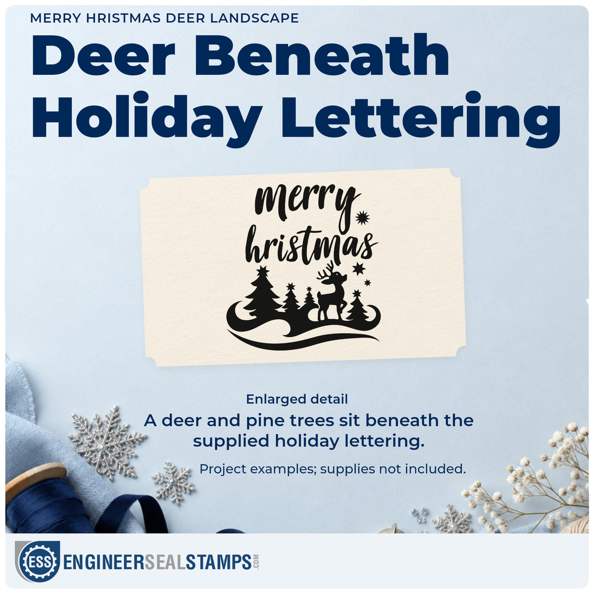 Enlarged detail of the Pre-Inked Deer And Pines With Holiday Lettering Stamp – PSI imprint. “Merry hristmas” sits above a deer and pine trees on a curved snowy landscape.
