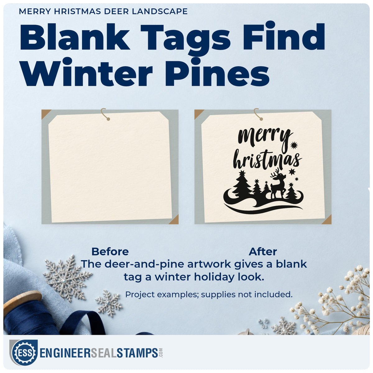 Before and after of a plain item finished with the Pre-Inked Deer And Pines With Holiday Lettering Stamp – PSI, a quick upgrade for framed wide landscape.
