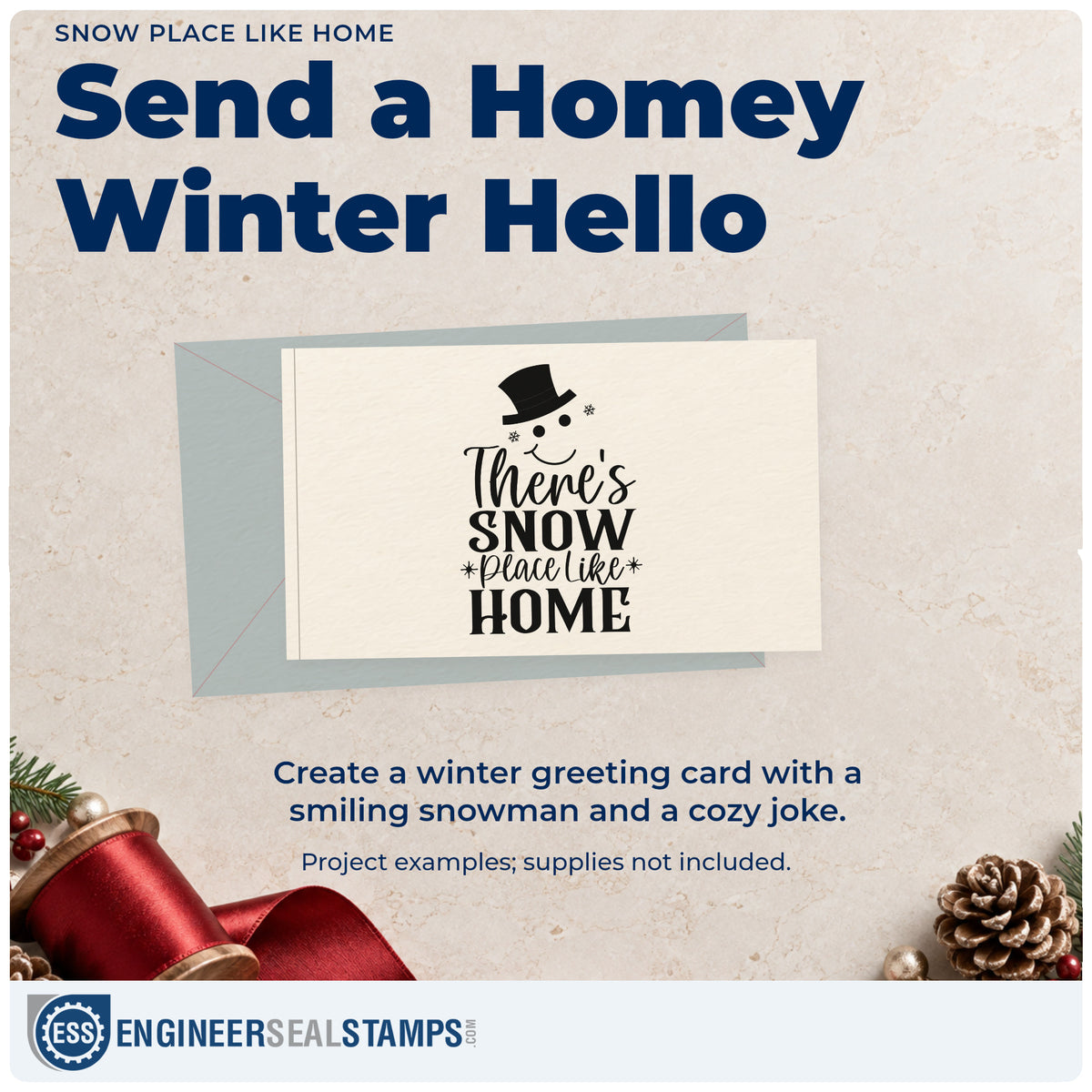 A finished handmade project stamped with the Snow Place Like Home Rubber Stamp – Duo Hand, ideal for new house album page.