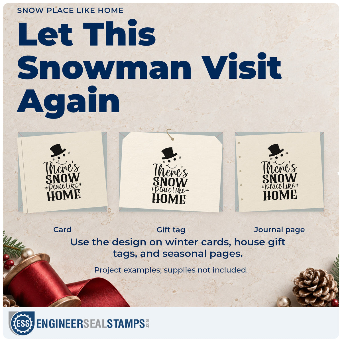Three project examples made with the Snow Place Like Home Compact Pre-Inked Stamp – Slim, including address change sheet.