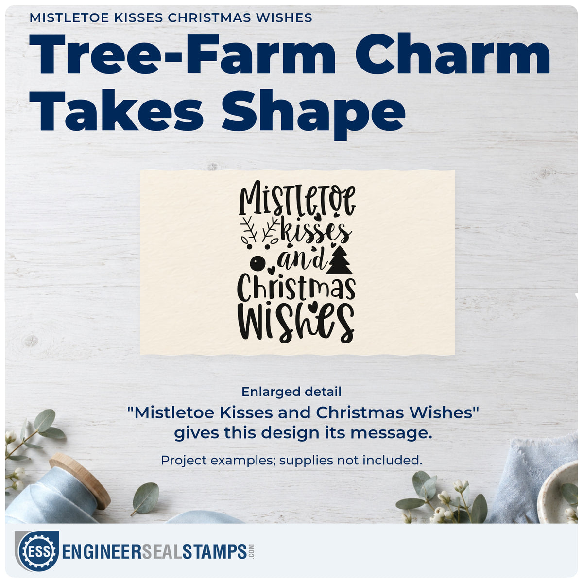 Enlarged detail of the Mistletoe Kisses And Christmas Wishes Stamp – Self-Inking imprint. “Mistletoe Kisses and Christmas Wishes” features sprigs, small circles, and a tree.