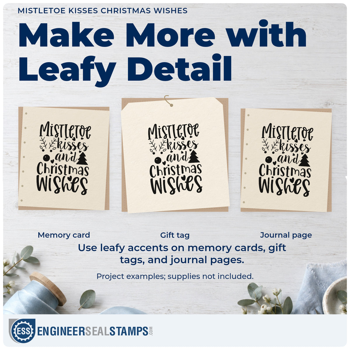 Three project examples made with the Mistletoe Kisses And Christmas Wishes Duo Hand Stamp, including favor sachet tags.