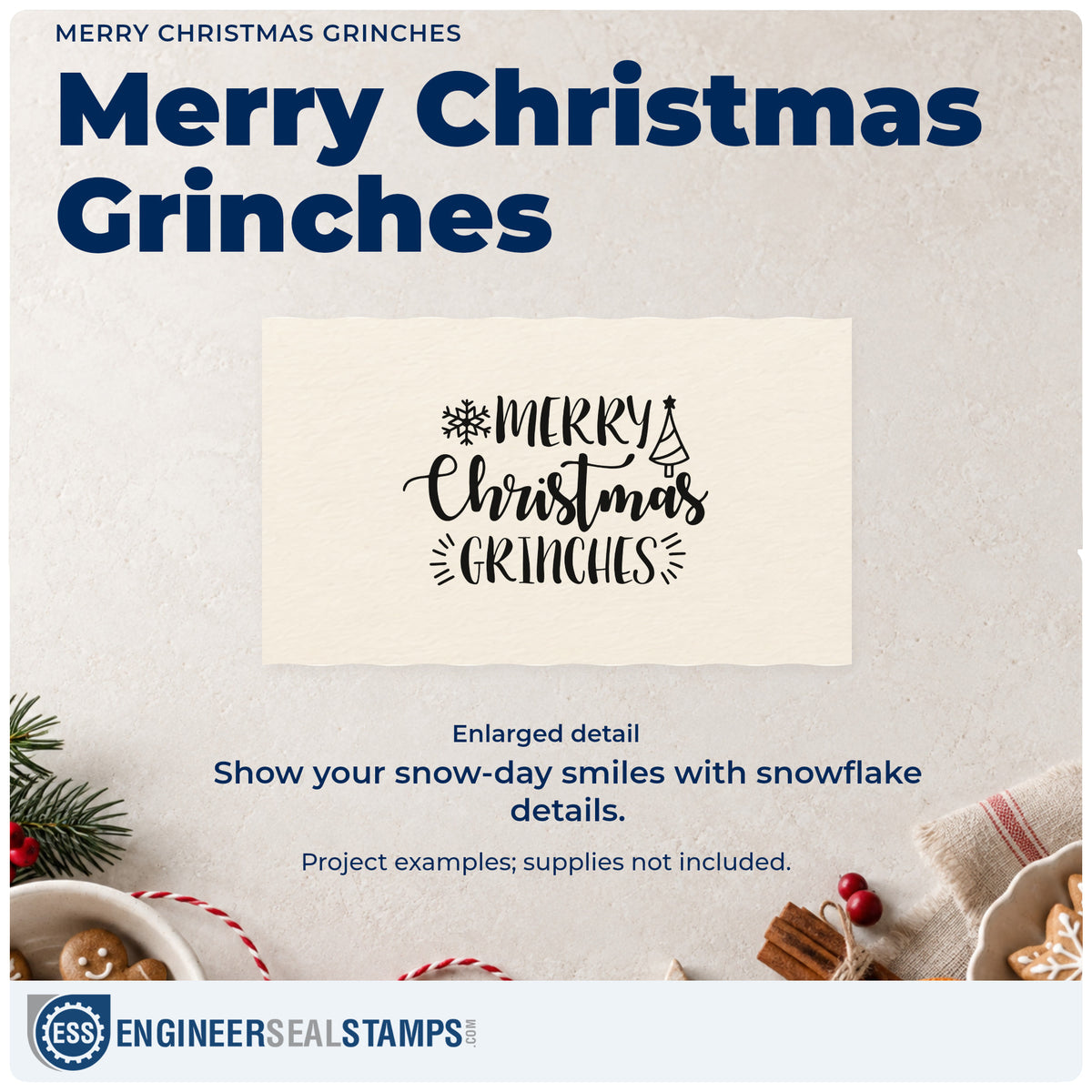 Enlarged detail of the Merry Christmas Grinches Snowflakes Rubber Stamp – Duo Hand imprint. “Merry Christmas Grinches” features a snowflake, pointed holiday hat, and radiating strokes.