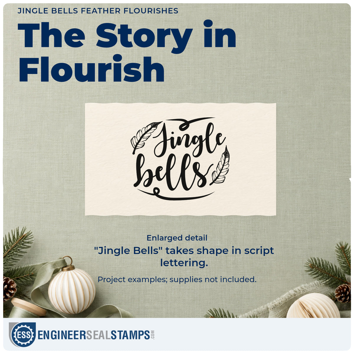 Enlarged detail of the Feather Accents With Jingle Bells Script PSI Pre-Inked Stamp imprint. "Jingle Bells" appears in thick script with two outlined feathers and curved flourishes.