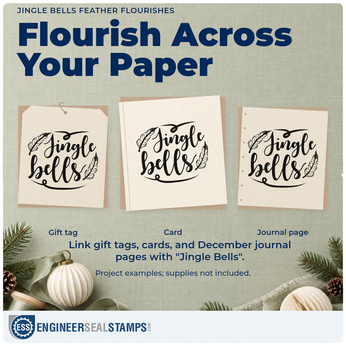 Three project examples made with the Feather Accents With Jingle Bells Script Wood-Mounted Rubber Stamp, including palette plan sheet.