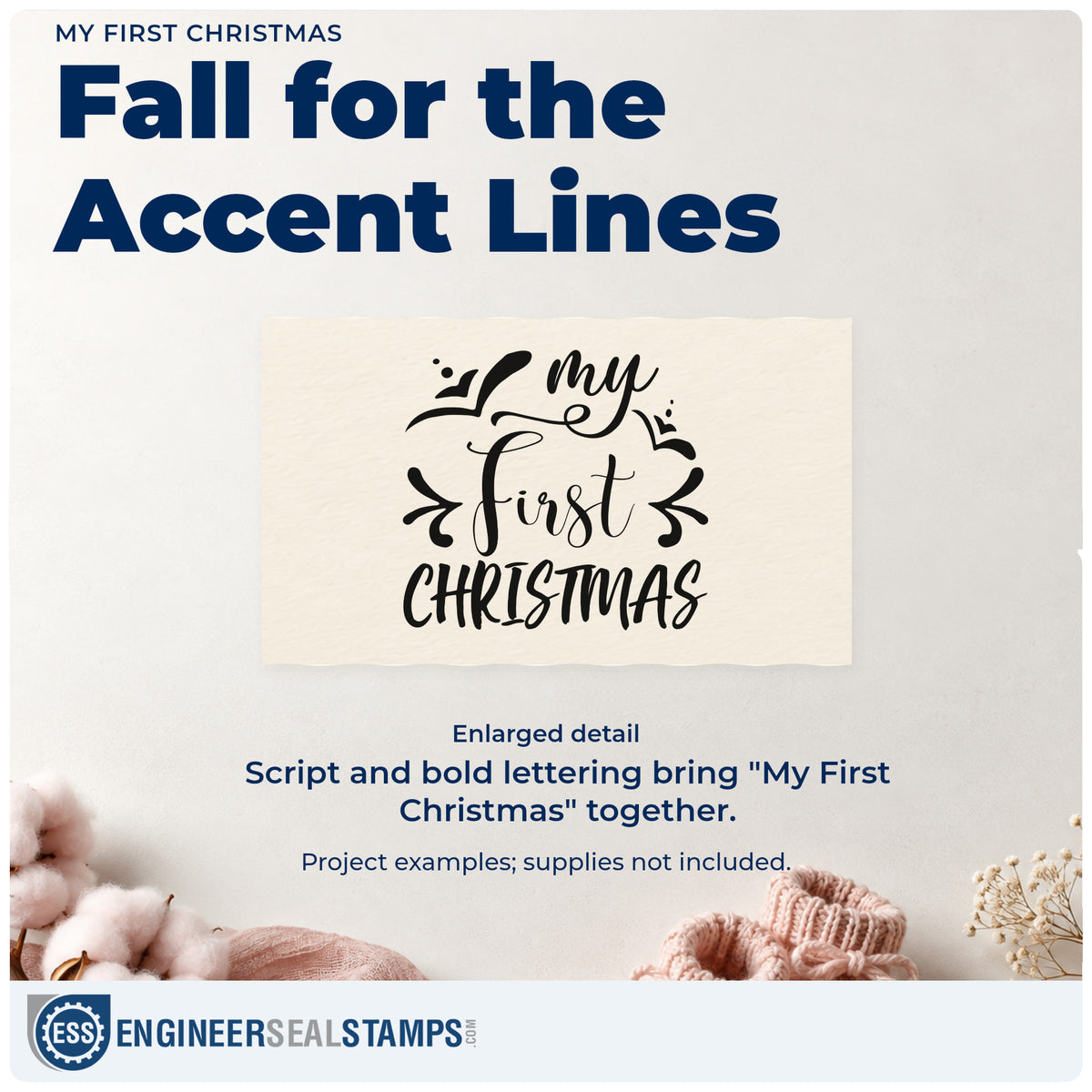 Enlarged detail of the My First Christmas Stamp – Duo Hand imprint. “My First Christmas” mixes script and capitals with symmetrical decorative strokes.