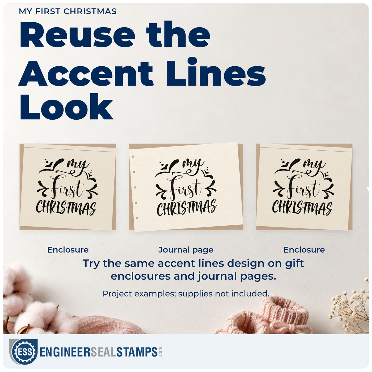 Three project examples made with the My First Christmas Stamp – Duo Hand, including mailing order sheet.