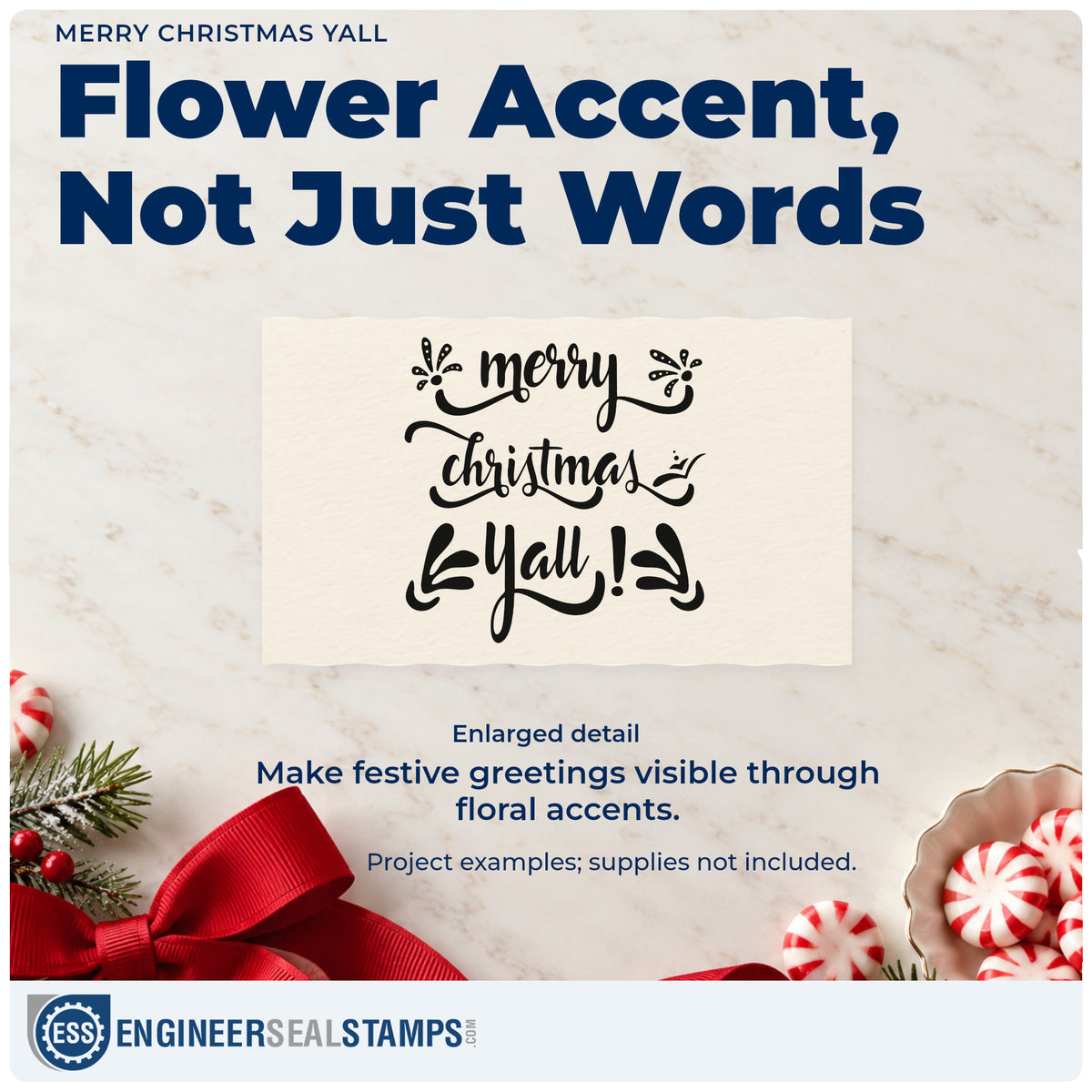Enlarged detail of the Merry Christmas Yall Rubber Stamp – Duo Hand imprint. “Merry Christmas Y'all!” appears with small flowers and bold ornamental strokes.