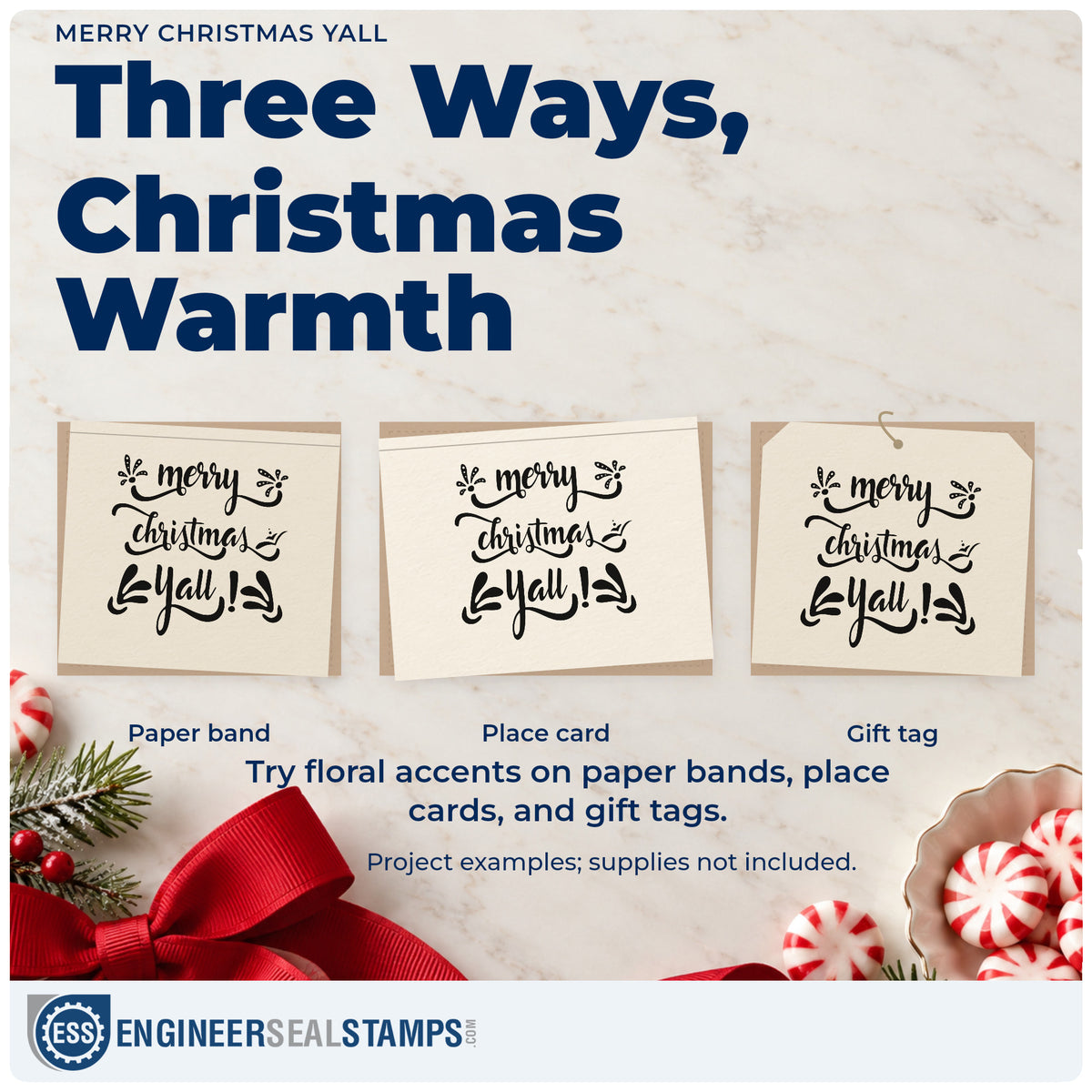 Three project examples made with the Merry Christmas Yall Rubber Stamp – Duo Hand, including bloom log sheet.