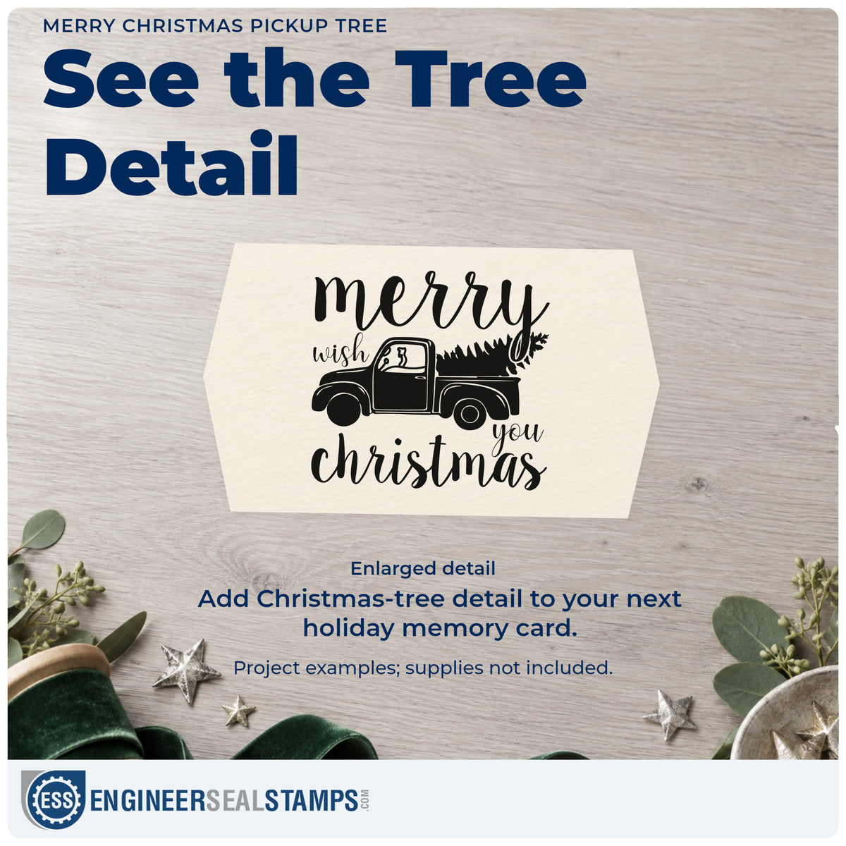 Enlarged detail of the Merry Christmas Pickup Tree Pine Motif Stamp – PSI Pre-Inked imprint. “Merry Wish You Christmas” surrounds a vintage pickup carrying a large evergreen tree.