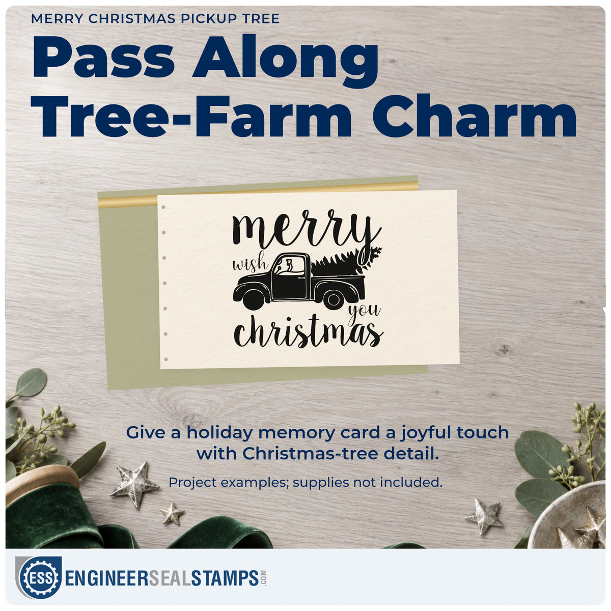 A finished handmade project stamped with the Merry Christmas Pickup Tree Pine Motif Stamp – PSI Pre-Inked, ideal for delivery day album.