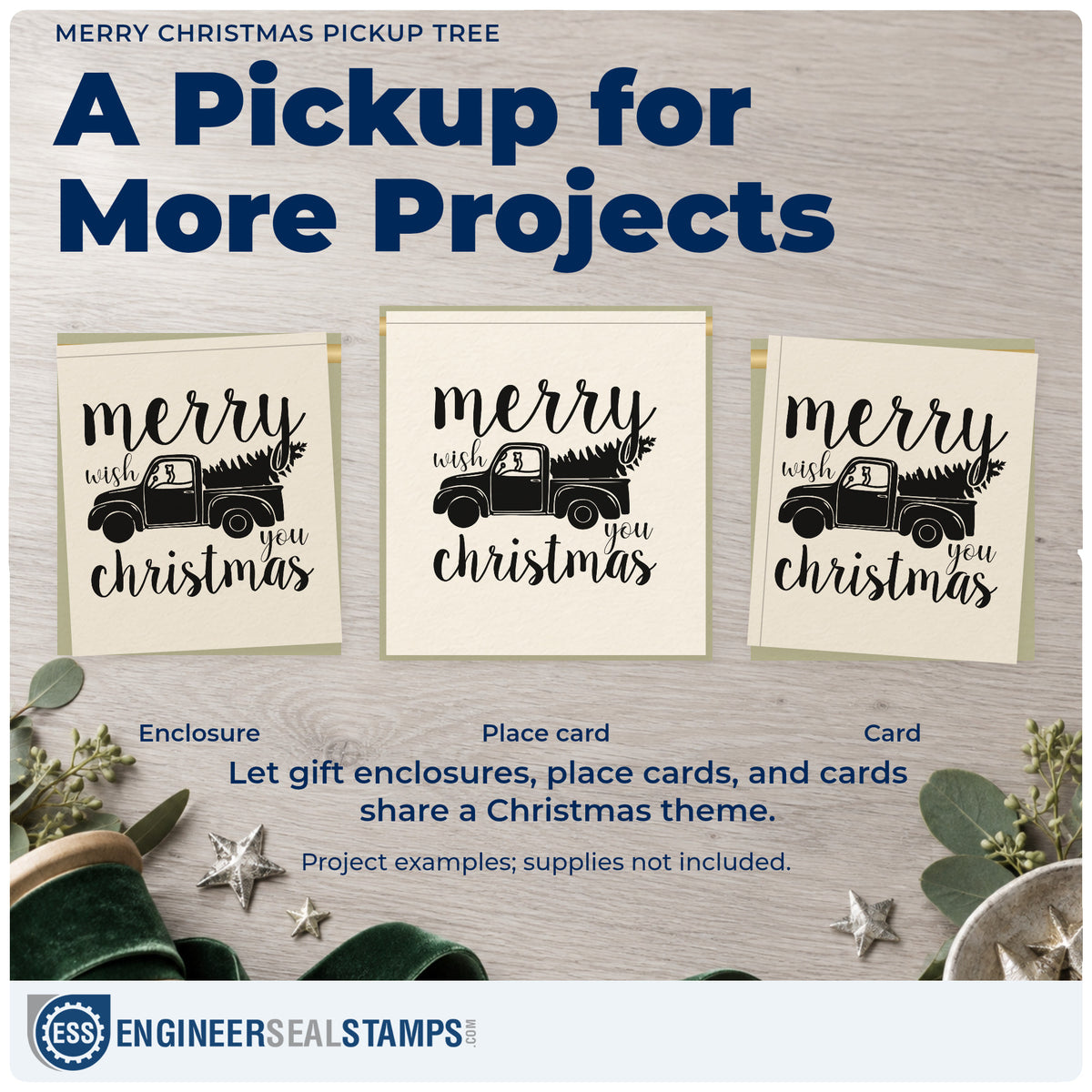 Three project examples made with the Merry Christmas Pickup Tree Pine Motif Wood Handle Stamp, including route sheet header.