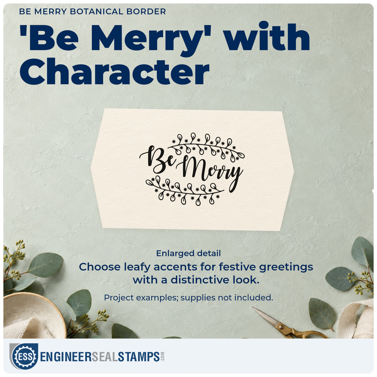 Enlarged detail of the Be Merry Botanical Border Hand Stamp – Duo imprint. “Be Merry” appears between curved branches of small leaves and buds.