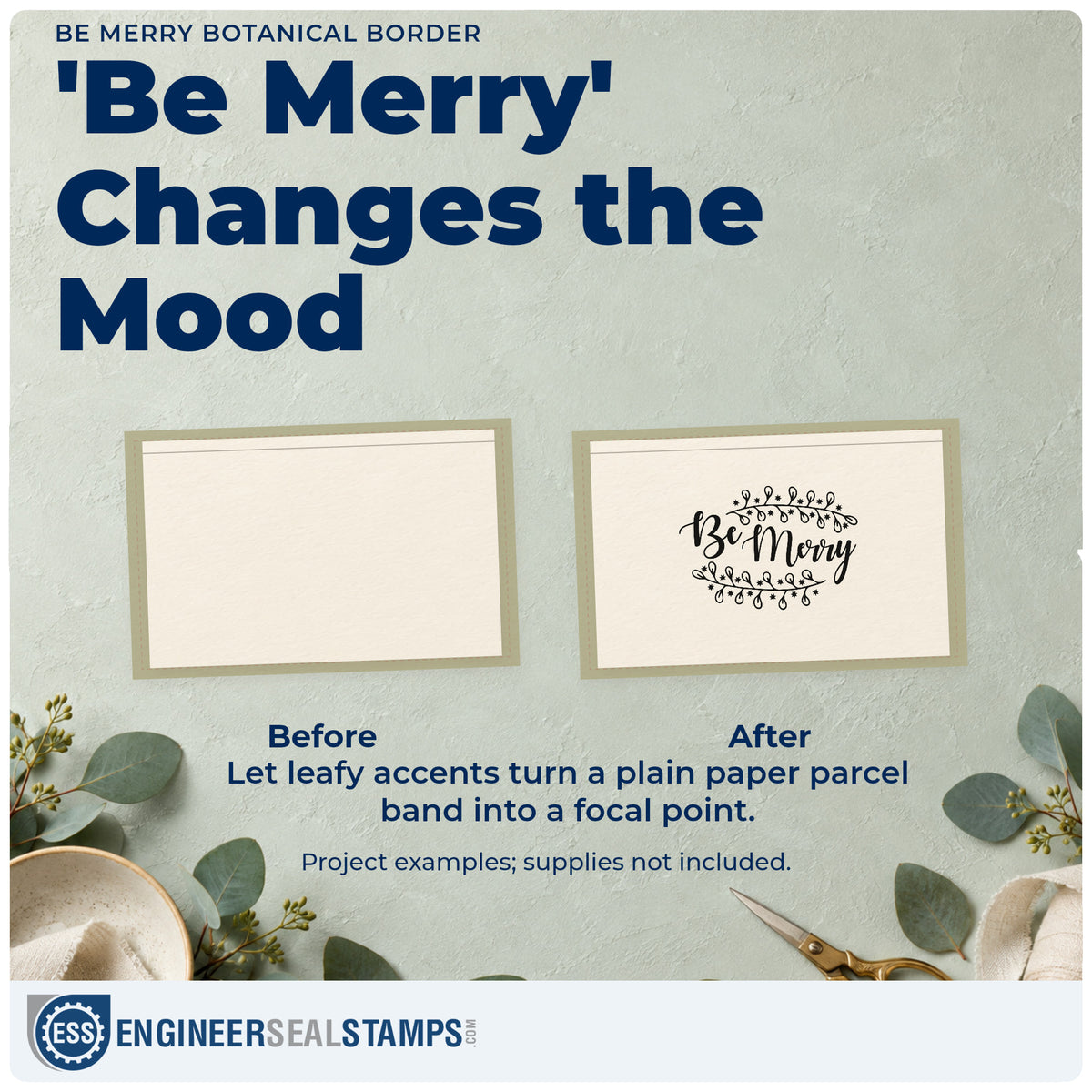 Before and after of a plain item finished with the Be Merry Botanical Border Rubber Stamp – Wood Handle, a quick upgrade for framed botanical pair.