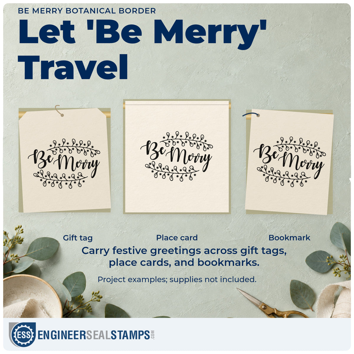 Three project examples made with the Be Merry Botanical Border Stamp – Slim Pre-Inked, including plant care sheet.