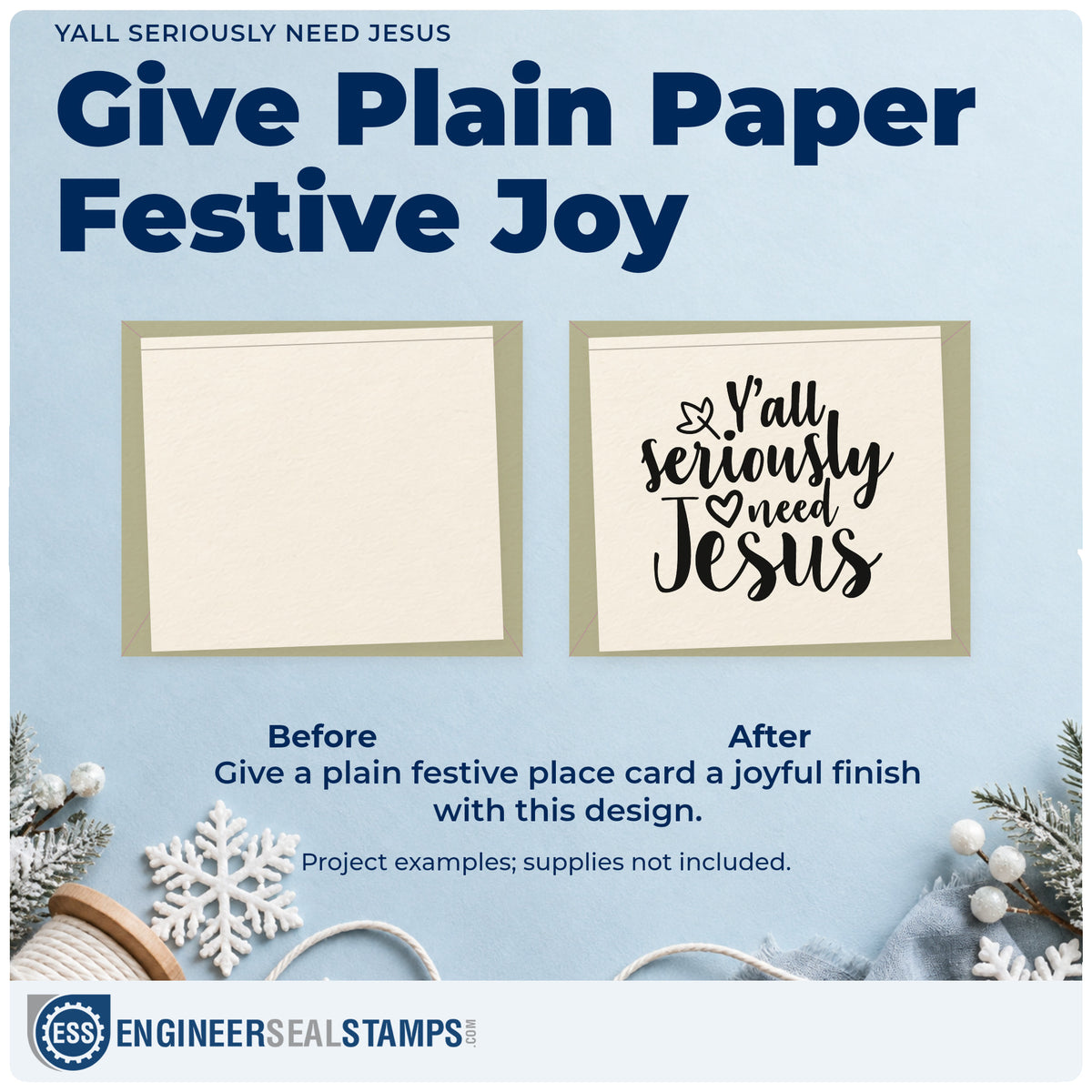 Before and after of a plain item finished with the Yall Seriously Need Jesus Craft Stamp – Self-Inking, a quick upgrade for framed porch swing.