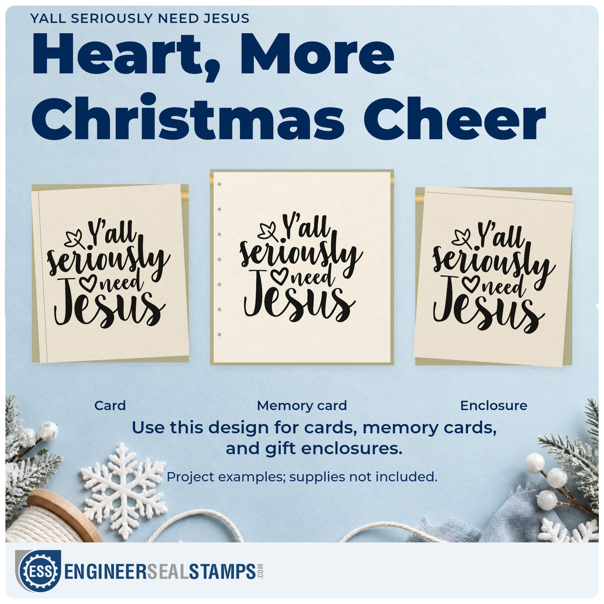 Three project examples made with the Yall Seriously Need Jesus Pre-Inked Stamp – Slim, including invite list sheet.