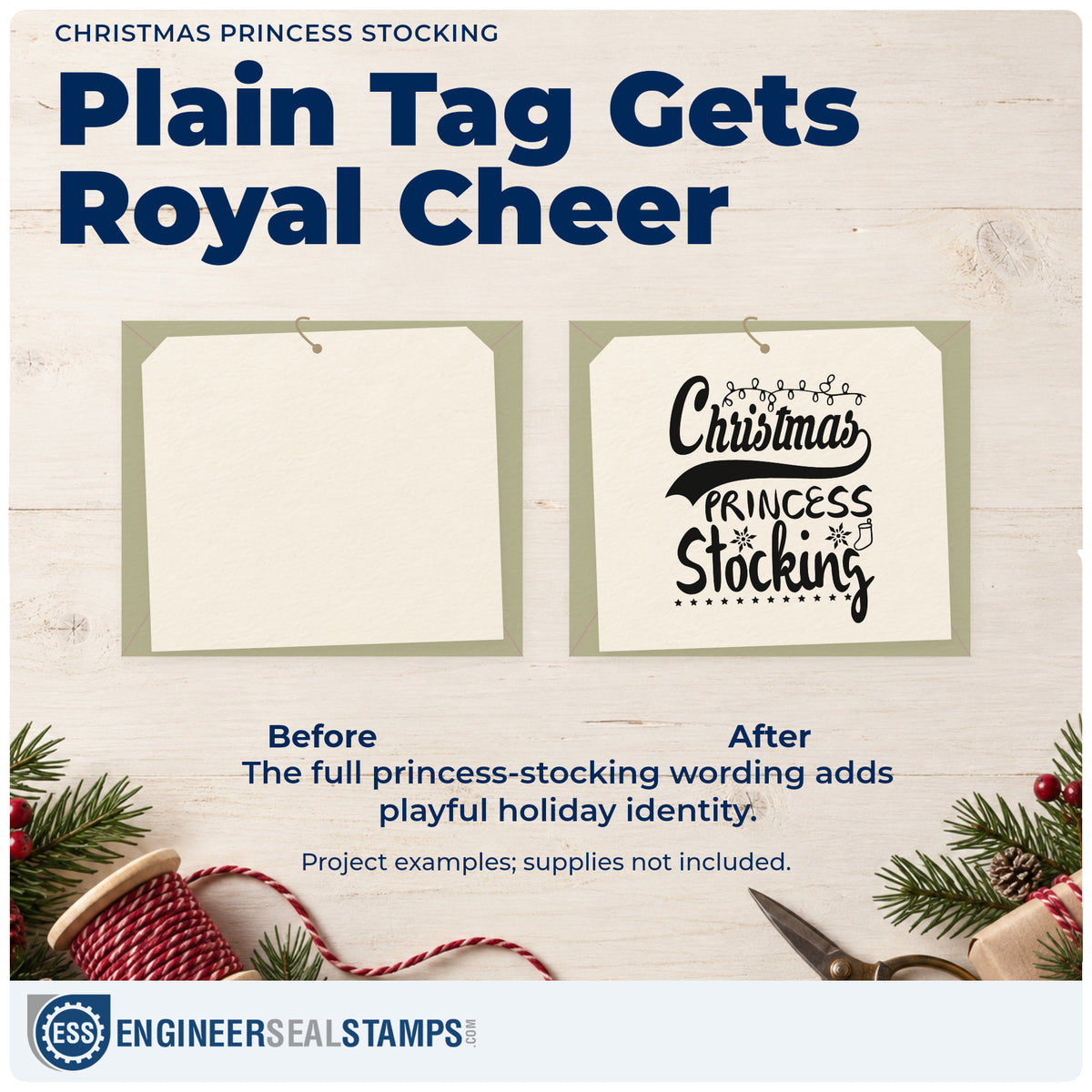 Before and after of a plain item finished with the Christmas Princess Stocking Snowflakes Stamp – Wood Handle, a quick upgrade for framed bedroom shelf.