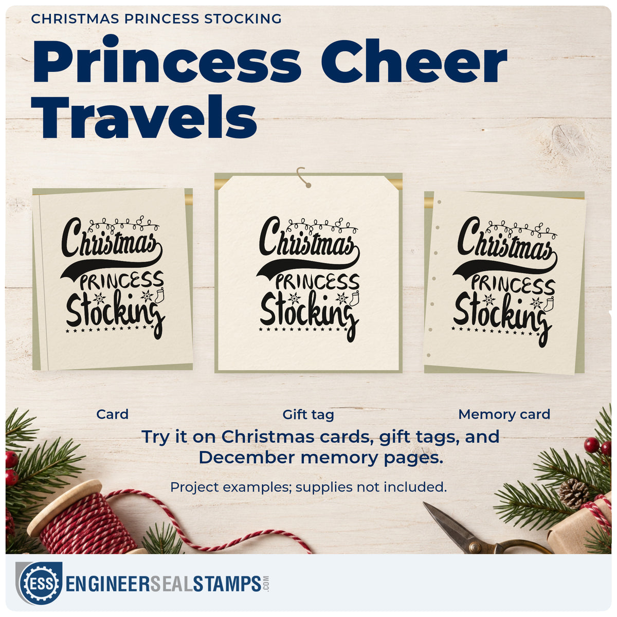 Three project examples made with the Christmas Princess Stocking Snowflakes Rubber Stamp – Duo Hand, including filler idea sheet.