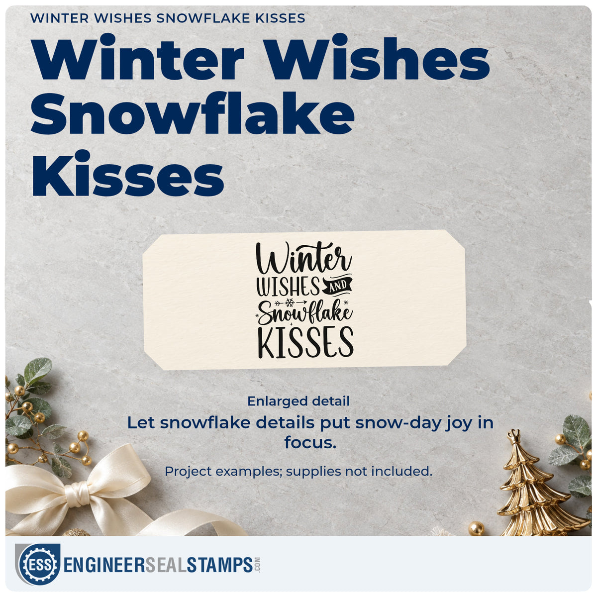 Enlarged detail of the Winter Wishes And Snowflake Kisses Duo Hand Stamp imprint. “Winter Wishes and Snowflake Kisses” features a dark banner, snowflake, and tiny stars.