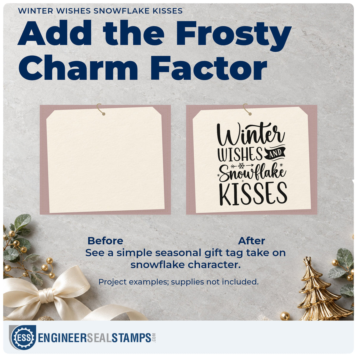Before and after of a plain item finished with the Winter Wishes And Snowflake Kisses Stamp – Self-Inking, a quick upgrade for framed hall runner.