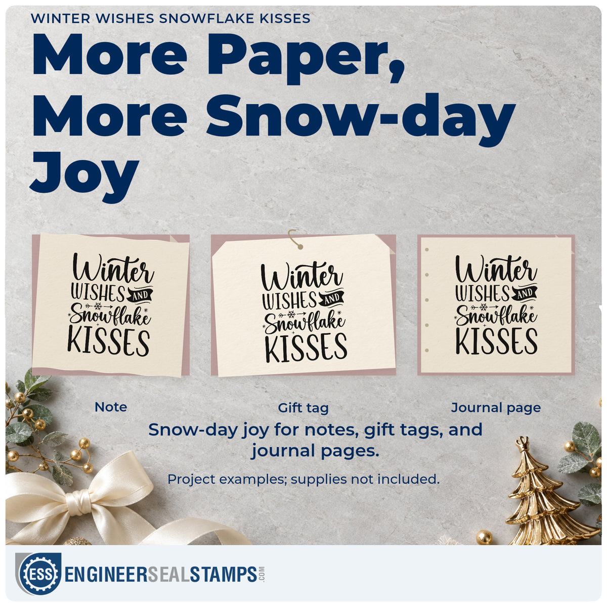 Three project examples made with the Winter Wishes And Snowflake Kisses Rubber Stamp – Wood Handle, including poem draft sheet.