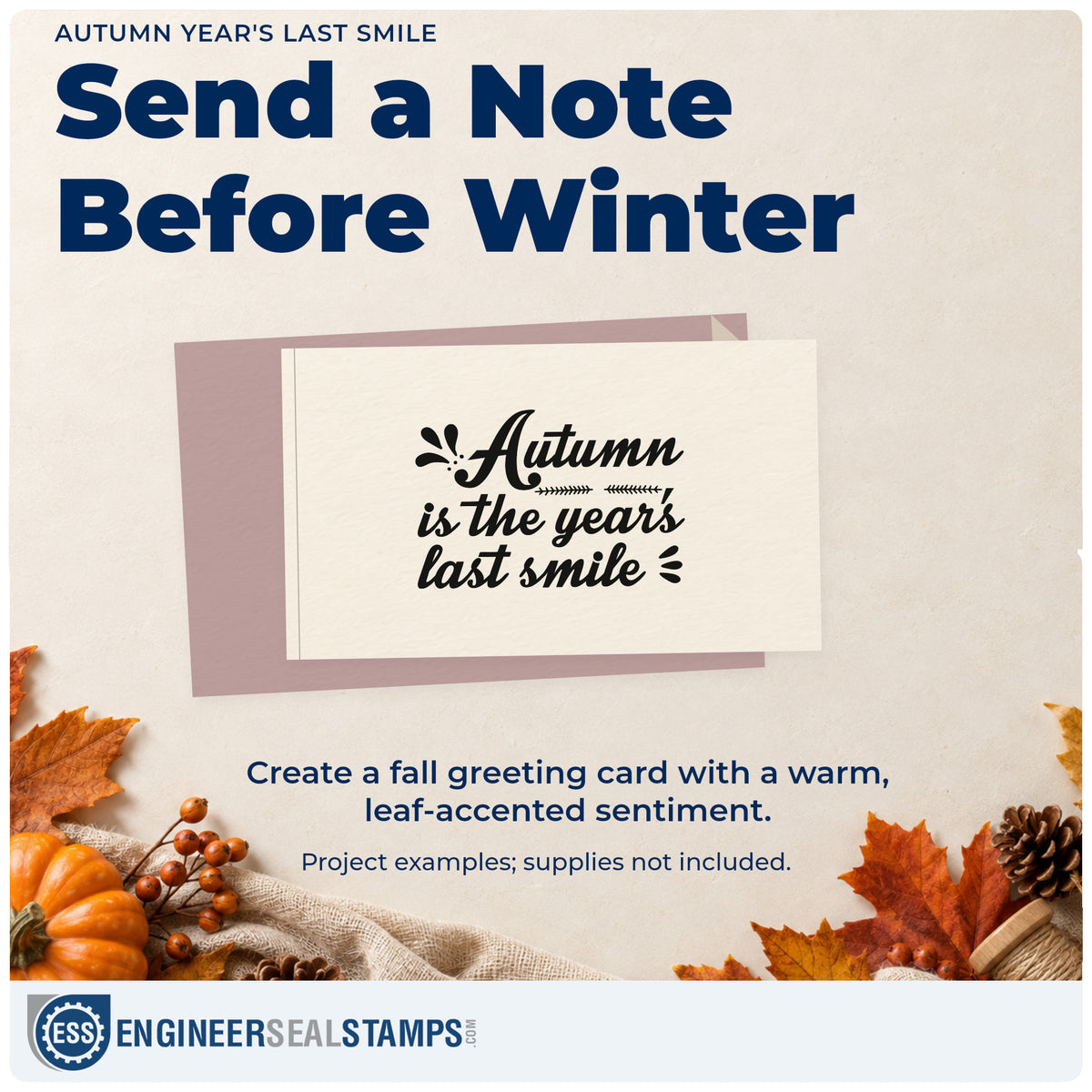 A finished handmade project stamped with the Slim Pre-Inked Autumn Year's Last Smile Stamp, ideal for fall album page.