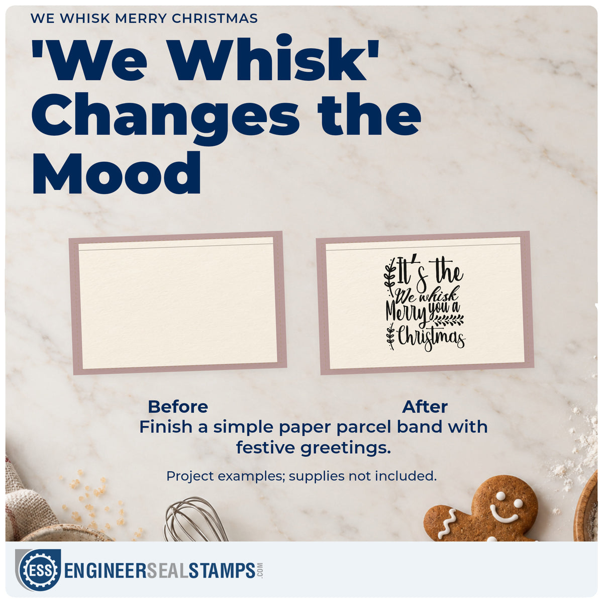 Before and after of a plain item finished with the We Whisk Merry Christmas Botanical Sprig Hand Stamp – Duo, a quick upgrade for framed mixer nook.