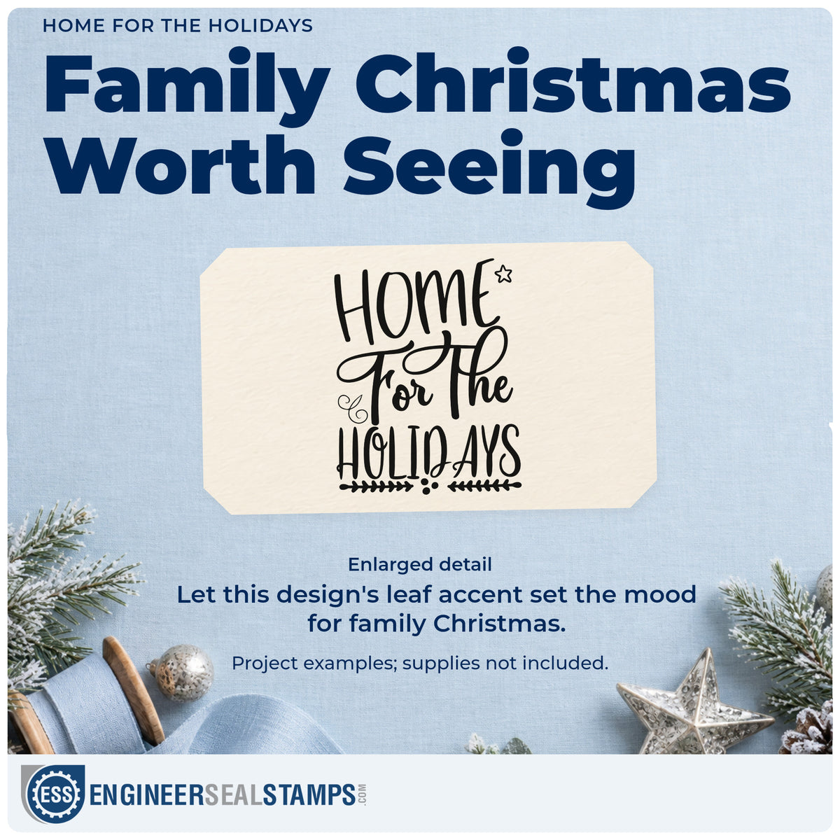 Enlarged detail of the Home For The Holidays Leaf Accents Stamp – Duo Hand imprint. “Home for the Holidays” features a star, curls, dots, and leafy underline.