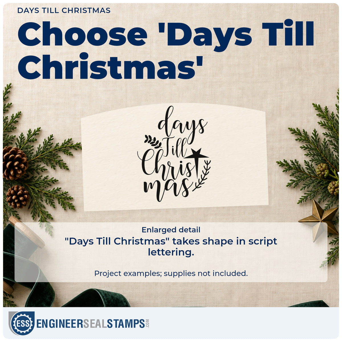 Enlarged detail of the Days Till Christmas Botanical Sprig Stamp – PSI Pre-Inked imprint. “Days Till Christmas” appears in a tall script stack with a star and leafy sprigs.