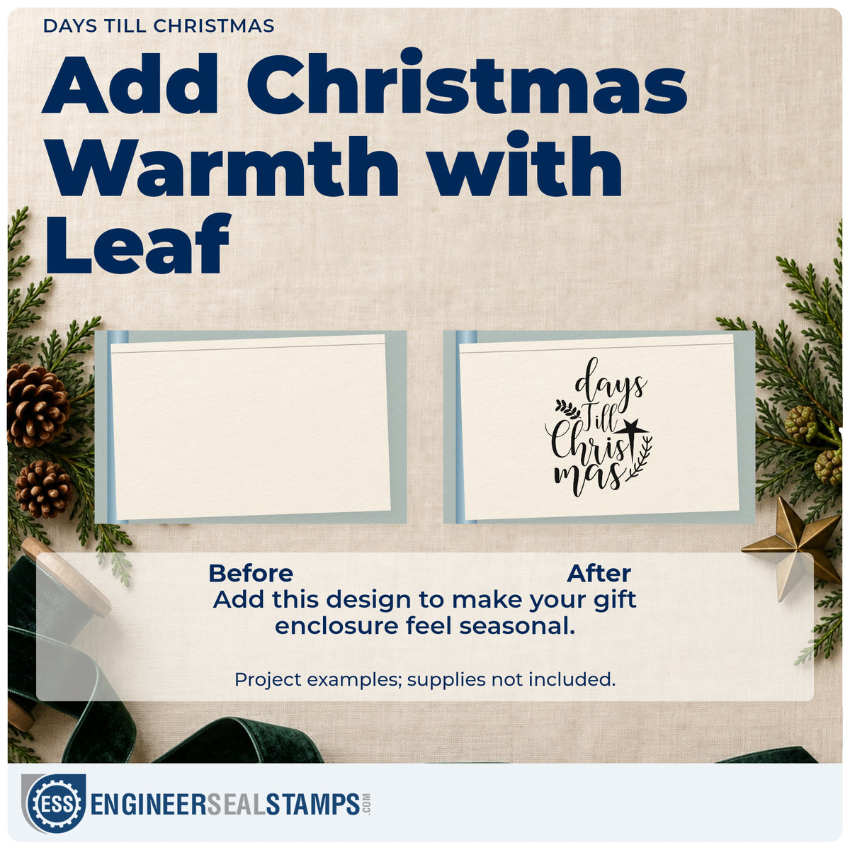 Before and after of a plain item finished with the Days Till Christmas Botanical Sprig Stamp – PSI Pre-Inked, a quick upgrade for framed narrow panel.