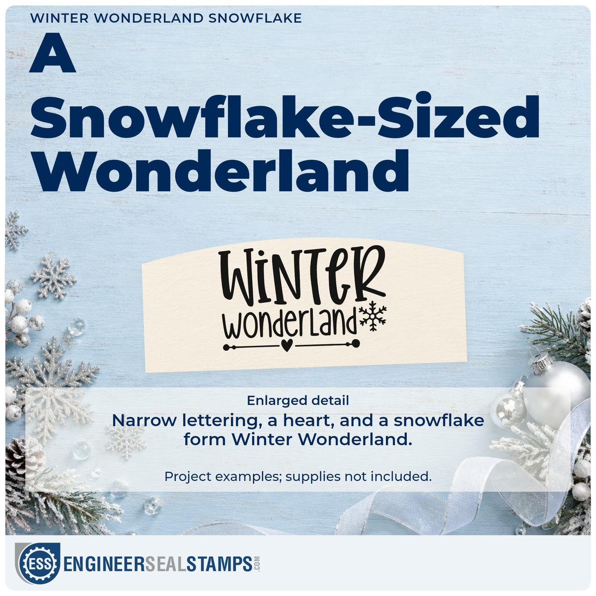Enlarged detail of the Winter Wonderland Snowflake Stamp – Slim Pre-Inked imprint. “Winter Wonderland” appears in narrow lettering with a snowflake, heart, and horizontal line.