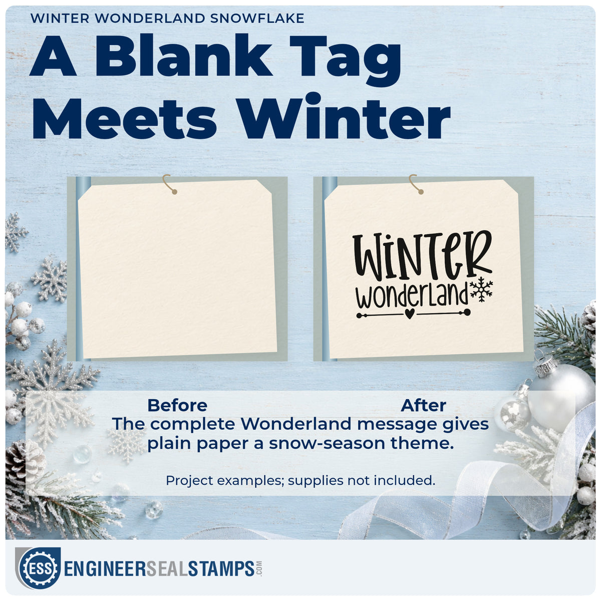 Before and after of a plain item finished with the Winter Wonderland Snowflake Stamp – Self-Inking, a quick upgrade for framed wide strip.