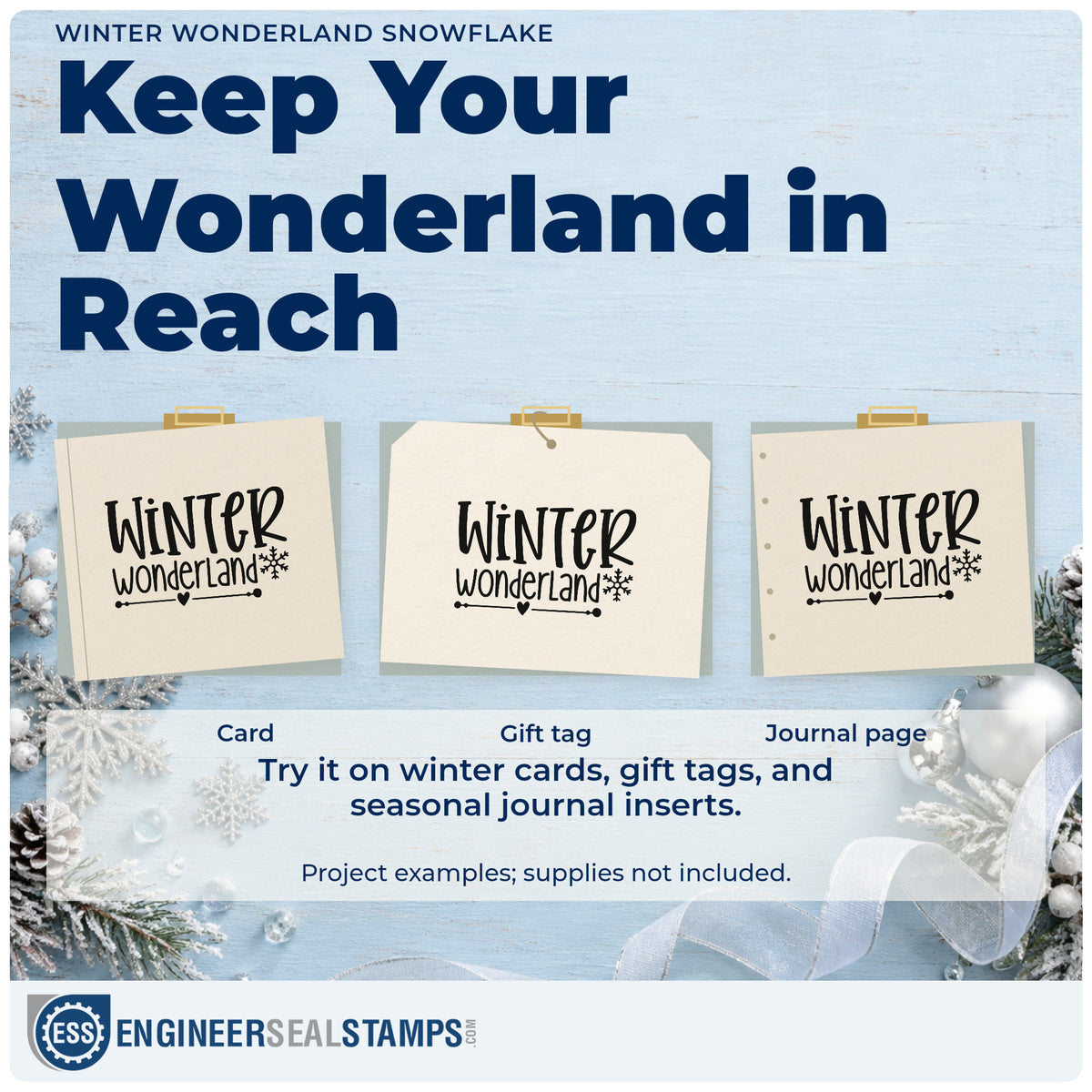 Three project examples made with the Winter Wonderland Snowflake Stamp – Self-Inking, including divider line sheet.
