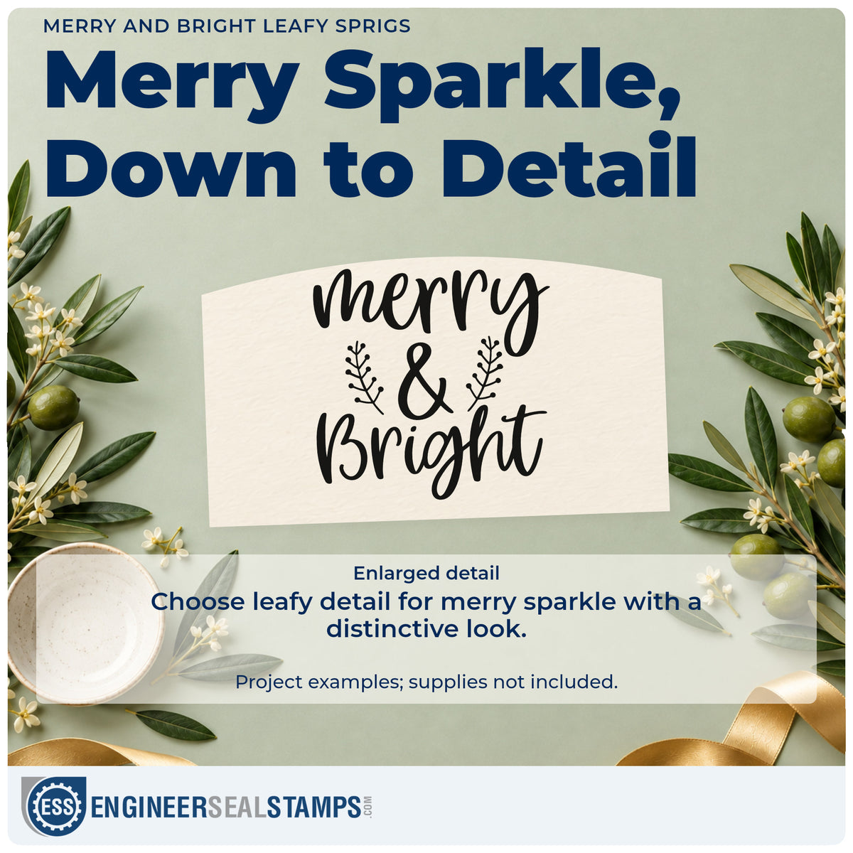 Enlarged detail of the Merry And Bright Leafy Sprigs Rubber Stamp – Wood Handle imprint. “Merry & Bright” appears in flowing script with two small leafy sprigs.