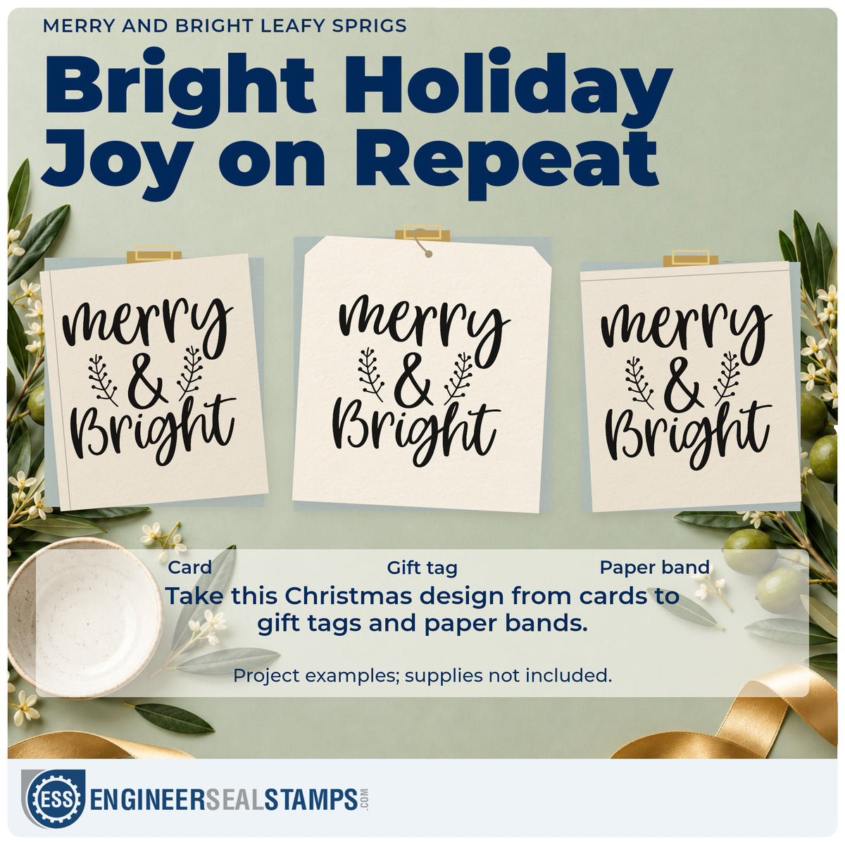 Three project examples made with the Merry And Bright Leafy Sprigs Craft Stamp – Self-Inking, including split plan sheet.