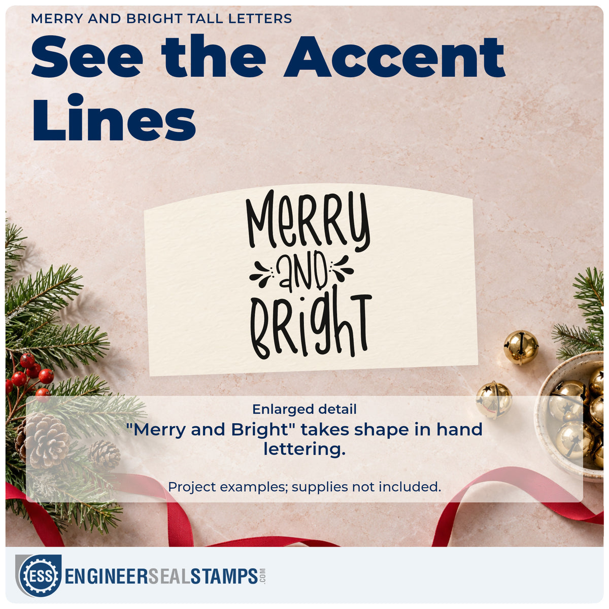 Enlarged detail of the Merry And Bright Tall Letters Lettering PSI Pre-Inked Stamp imprint. “Merry and Bright” appears in tall hand-drawn lettering with decorative strokes around “And.”